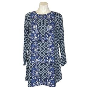CLOVER & SCOUT Long Sleeve Bold Print Keyhole Back Shift Dress Blue Medium